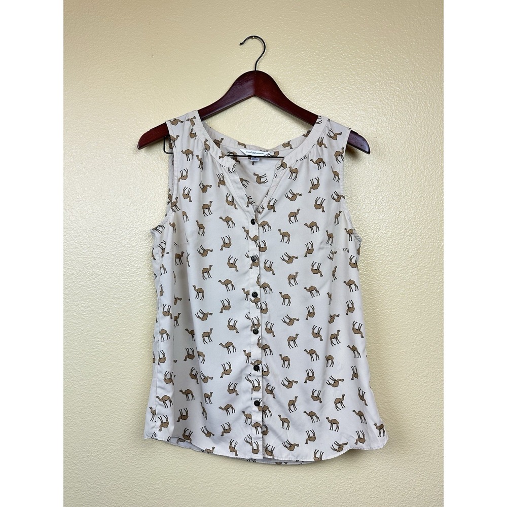 Croft & Barrow Cream Color Camel Print Button Sleeveless Shirt Top Size M Safari